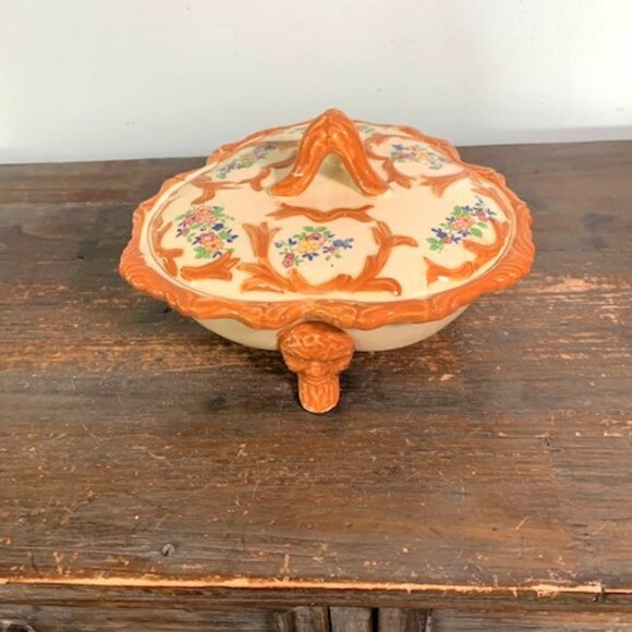 Antique Japanese Footed Three Compartment Floral Orange Candy Dish - Picture 1 of 8